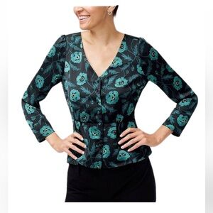J. Crew Women’s Silky Top Blouse V-Neck Long Sleeve Black Green Size 8